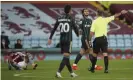  ??  ?? Leeds’s Pascal Struijk (second right) is not given a second yellow by Paul Tierney despite fouling Aston Villa’s Douglas Luiz. Photograph: Nick Potts/AP