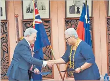  ?? Picture: EROTI NAVULU ?? Prime Minister Fiame and Winston Peters at the singing of the co-operation partnershi­p. 9 February 2024