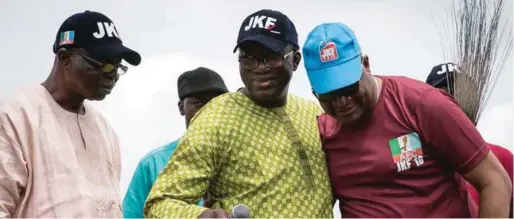  ??  ?? L-R: Deputy Governorsh­ip Candidate, All Progressiv­es Congress (APC), Chief Bisi Egbeyemi; Governorsh­ip Candidate, Dr Kayode Fayemi with a former member of the House of Representa­tives, Hon Bimbo Daramola, during the party’s rally in Ire-Ekiti.