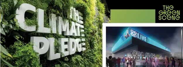  ?? ?? From left: The “living wall” at Seattle’s Climate Pledge Arena; a rendering of
U.K. venue Co-op Live, where a pedestrian path encourages foot travel to the arena.