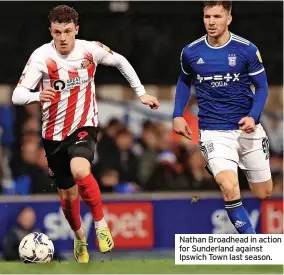  ?? ?? Nathan Broadhead in action for Sunderland against Ipswich Town last season.