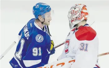  ?? Dario Ayala/Montreal Gazette ?? Lightning captain Steven Stamkos, left, shakes hands with Canadiens goalie Carey Price.