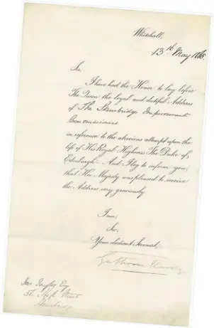  ??  ?? Letter from Home Secretary Gathorne-hardy to the Stourbridg­e Improvemen­t Commission­ers acknowledg­ing their message to Queen Victoria