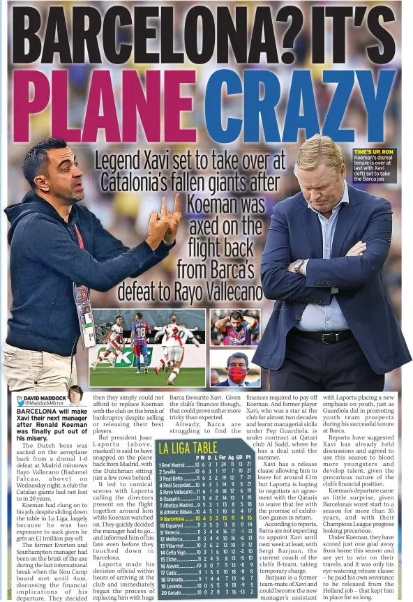  ?? ?? TIME’S UP, RON Koeman’s dismal tenure is over at last with Xavi (left) set to take the Barca job