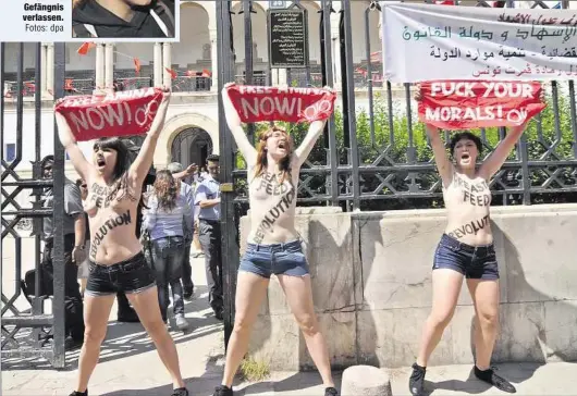  ?? Fotos: dpa ?? Oben-ohne-Protest in Tunis mit gerichtlic­hem
Nachspiel (gr.F.): Die deut
sche FemenAktiv­istin (kl.F.) konnte nach einem Monat
Haft das Gefängnis verlassen.