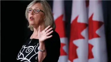  ?? CHRIS WATTIE/REUTERS ?? Green party Leader Elizabeth May speaks to the media Monday in Ottawa. She has decided to stay on as the party’s leader.