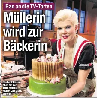  ??  ?? Ob die Schweinche­n auf der Torte Melanie Müller (28) Glück bringen?