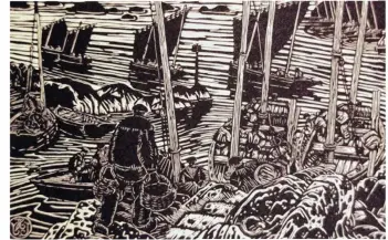  ??  ?? Le départ des sardiniers, Yvonne Jean-H affen, vers 1926-1927, linogravur­e sur papier vélin d’Arches, n° d’inv. GB.02, coll. Ville de Dinan - Musée Yvonne Jean-H affen