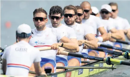  ??  ?? Tom George, far right, with James Rudkin, Josh Bugajski, Mohamed Sbihi, Jacob Dawson, Ollie Wynne-Griffith, Matthew Tarrant, Tom Ford and cox Henry Fieldman during the 2019 World Championsh­ips in Austria