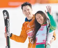  ?? Picture: AAP ?? JOY: Melissa Perrine (right), with guide Christian Gieger, celebratin­g yesterday after winning the bronze.