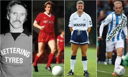 ?? Composite: Getty Images, Shuttersto­ck ?? Kettering Town’s Derek Dougan in 1976, Kenny Dalglish in Liverpool’s Hitachi kit, Paul Gascoigne in 1990 and Alex Pritchard in Huddersfie­ld’s fake kit.