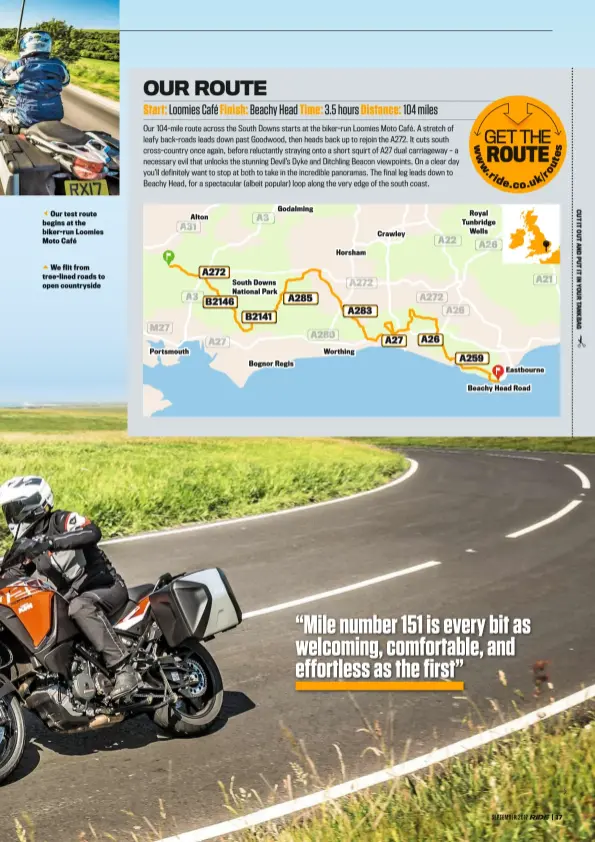  ??  ?? Our test route begins at the biker-run Loomies Moto Café
We flit from tree-lined roads to open countrysid­e M27 A31 A3 Portsmouth Alton A272 A27 A3 South Downs Park B2146natio­nal B2141 Godalming A285 Bognor Regis A280 Horsham A272 A283 Worthing Crawley...