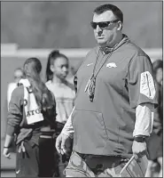  ?? NWA Democrat-Gazette/ANDY SHUPE ?? Arkansas Coach Bret Bielema said his team was excited for its first spring practice in pads. “Today has been something that they hang their hat on, and you get out there — whether you’re playing wideout, corner or nose guard or offensive center —...