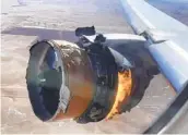  ?? CHAD SCHNELL VIA AP ?? The engine of United Airlines Flight 328 is seen on fire shortly after takeoff from Denver on Saturday.