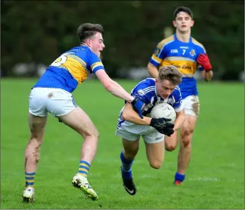  ??  ?? Kevin O’Donohoe, seen here in action against Naas C.B.S., scored two points in Wednesday’s defeat.