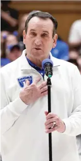  ?? GERRY BROOME/AP ?? Mike Krzyzewski apologized to the Cameron crowd after his team’s loss to North Carolina. “Today was unacceptab­le,” he said.