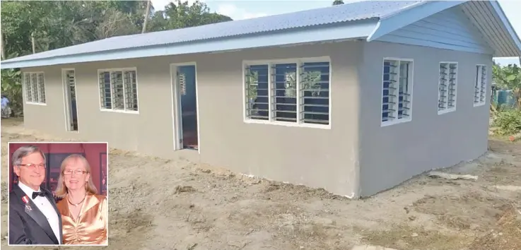  ?? ?? Kioa Village Hall completed on September 3,2021. Inset: Founders of Savusavu Community Foundation Ken Barasch and Donna Barasch.