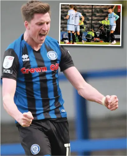  ?? DY Sporting ?? ●● Jake Beesley celebrates his goal against Peterborou­gh and, inset, receiving treatment for a head injury at Plymouth earlier in the season