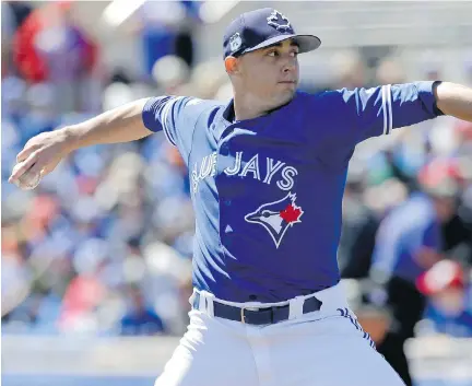  ?? JOHN RAOUX/THE ASSOCIATED PRESS/FILES ?? The Toronto Blue Jays have announced that pitcher Aaron Sanchez has been diagnosed with a pulley strain in the ligament in the middle finger on his throwing hand. The team says Sanchez, who played sparingly this season, is done for the year.