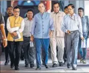  ?? PTI ?? Finance minister Arun Jaitley with finance secretary Hasmukh Adhia and economic affairs secretary Subhash Chandra Garg at North Block in New Delhi on Thursday