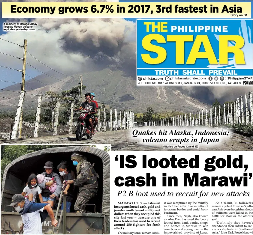  ??  ?? A resident of Daraga, Albay flees as Mayon Volcano explodes yesterday. EPA-EFE