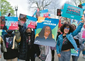  ?? JOSE LUIS MAGANA / AP ?? People celebrate the confirmati­on of Judge Ketanji Brown Jackson, the first Black woman to reach the Supreme Court, during a rally outside of the U.S. Supreme Court on Capitol Hill in Washington on Friday.