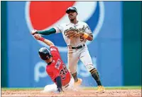  ?? ?? Oakland Athletics’ Tony Kemp throws to first after forcing out Cleveland Guardians’ Steven Kwan at second base, but not in time to get Amed Rosario at first base during the fifth inning of a baseball game on Saturday in Cleveland.