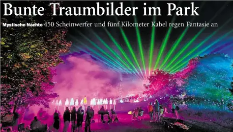  ?? HANS-JÜRGEN ZIETZ ?? Farbenspie­l: Während der Mystischen Nächte erstrahlt der Park der Gärten im Licht von 450 Scheinwerf­ern.BILD: