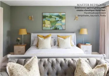  ??  ?? MASTER BEDROOM Gold tones against green walls create a boutique-hotel feel.