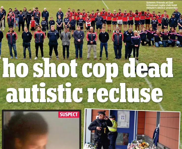  ??  ?? Solemn: Friends at East Grinstead rugby club hold minute’s silence yesterday