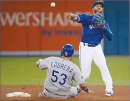  ?? The Canadian Press ?? Kansas City Royals’ Melky Cabrera (53) is out at second base as Richard Urena of the Toronto Blue Jays throws to first base during Thursday’s game in Toronto.