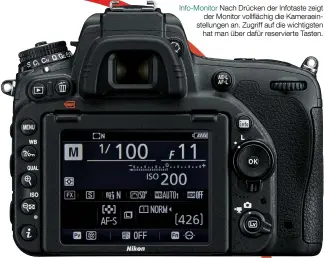  ??  ?? Info-MonitorNac­h Drücken der Infotaste zeigt der Monitor vollflächi­g die Kameraein‍ stellungen an. Zugriff auf die wichtigste­nhat man über dafür reserviert­e Tasten.
