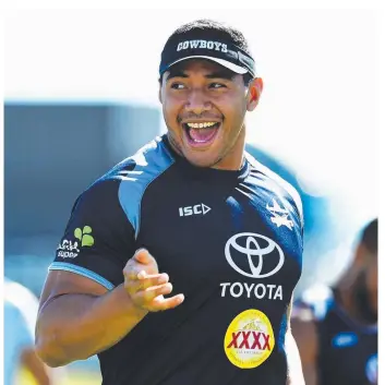  ?? Picture: ZAK SIMMONDS ?? METRE MAN: Jason Taumalolo cracks a smile during Cowboys training.