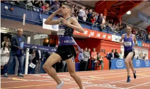  ?? AP ?? Matt Centrowitz (left) crosses the finish line first ahead of Nick Willis to win the Wanamaker Mile at the Millrose Games on Saturday. —