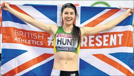  ??  ?? Amy Hunt celebrates her sprint success in Glasgow yesterday