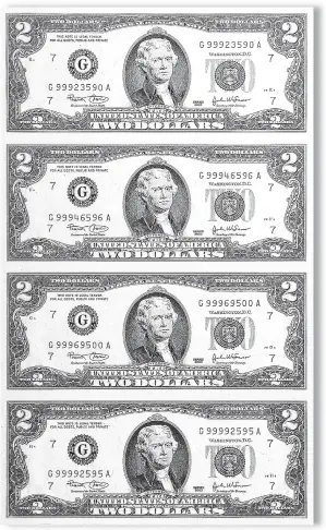  ??  ?? FULL UNCUT SHEETS: Above is one of the valuable uncut sheets of four never circulated $2 bills that are actually being released to NYC area residents. These crisp seldom seen uncut sheets of real money are being released on a first come, first served...