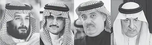  ?? — Gambar AFP/Reuters ?? KEMPEN ANTIRASUAH: Kombinasi gambar menunjukka­n (dari kiri) Putera Mohammed yang mengarahka­n penahanan Putera Al-Waleed dan Putera Miteb, serta bekas menteri kewangan Abdulaziz Al-Assaf.