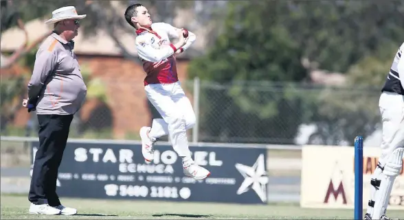  ?? Luke Hemer ?? TOUGH BATTLE: BLU bowler Cody Thompson above finished the game against Moama with 2/11, including the valuable scalp of Alistair McCann, pictured left skying a ball during his innings 64 before Thompson had him caught. Photo: