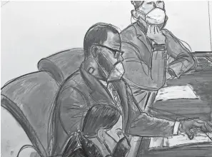  ?? ELIZABETH WILLIAMS VIA AP ?? In this courtroom sketch, R. Kelly, center, sits with his attorneys Thomas Farinella, top, and Nicole Blank Becker.