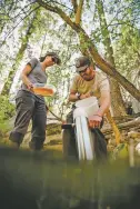  ??  ?? ABOVE: Biologists Andy Dean and Jill Wick deposit Gila trout eggs into a fishless stream in the Gila National Forest. The eggs were fertilized at Mora National Fish Hatchery.