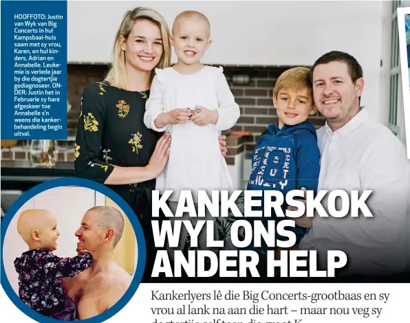  ??  ?? HOOFFOTO: Justin van Wyk van Big Concerts in hul Kampsbaai-huis saam met sy vrou, Karen, en hul kinders, Adrian en Annabelle. Leukemie is verlede jaar by die dogtertjie gediagnose­er. ONDER: Justin het in Februarie sy hare afgeskeer toe Annabelle s’n...