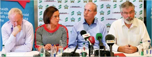  ??  ?? Crisis: Sinn Féin’s Martin McGuinness, Mary Lou McDonald, Bobby Storey and Gerry Adams at yesterday’s press conference in Belfast