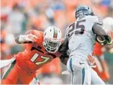  ?? STEVE MITCHELL/USA TODAY SPORTS ?? Linebacker Tyriq McCord (17) will play a key role as the Miami defense looks to improve in 2014.