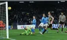  ?? ?? Giacomo Raspadori (second left) lifts the ball over Juventus’ Wojciech Szczesny to give Napoli a 2-1 lead. Photograph: Ciro Fusco/ EPA