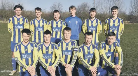  ?? Hempsted Under 18s are pictured before their 4-1 win over Oundle. They are from the left, back, Ben Wright, Jacob Hoffmann, Callum Johnson, Brad Kendall, Sam Wilson, Alfie Armstrong, front, Kieran Hale, Nathan Snart, Charlie Talbot, Callum Pridmore and Jo ??