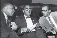  ?? CARL LYNN/RICHMOND TIMES-DISPATCH VIA AP ?? In a Sept. 25, 1963 photo, The Rev. Martin Luther King Jr., left, VP Joseph E. Lowery, and Wyatt Tee Walker, right, executive director of the SCLC, meet at First African Baptist Church, for the SCLC convention in Richmond, Va. The Rev. Wyatt Tee...