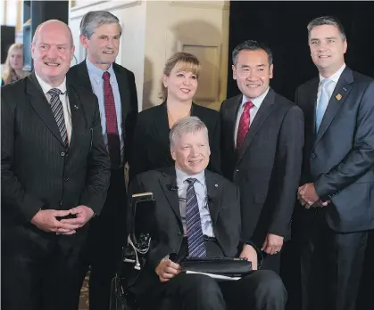  ?? DARRYL DYCK/THE CANADIAN PRESS ?? B.C. Liberal leadership candidates Mike de Jong, from left, Andrew Wilkinson, Dianne Watts, Sam Sullivan, Michael Lee and Todd Stone talked about what the party must focus on at the first leadership debate in Surrey on Sunday.