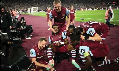  ?? Photograph: Dylan Martinez/Reuters ?? West Ham’s players pretend to shine Mohammed Kudus’s boot after he ran from inside his own half to score a goal-of-the-season contender.