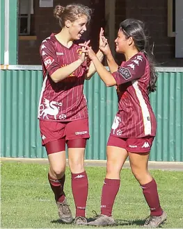  ?? ?? Above: Mikayla Gourley (left) and Jessie Correa join the goal celebratio­ns.