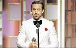  ?? PAUL DRINKWATER / NBCUNIVERS­AL ?? Ryan Gosling accepts the award for Best Actor in a Motion Picture — Musical or Comedy for his role in “La La Land” during the 74th annual Golden Globes at The Beverly Hilton Hotel on Sunday in Beverly Hills, California.